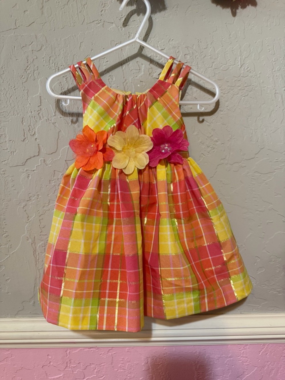 Bonnie Baby Yellow Plaid Sundress with Floral Appliqués